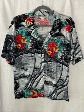 Notations Vintage Black Tropical Floral Camp Shirt with Red and Teal Accents